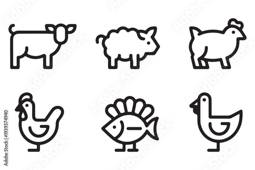 Outline Icons Set of Farm Animals and Domestic Livestock - Cow, Sheep, Rooster, Chicken, Fish, and Duck Vector Illustrations