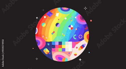 Abstract Rainbow Planet with Pixelated Section and Geometric Shapes