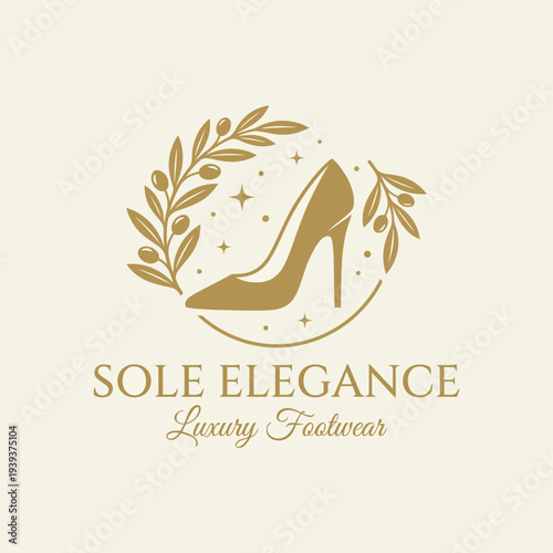 This logo showcases a high-heeled shoe encircled by decorative elements, representing elegance and luxury in the footwear market, perfect for upscale branding needs.