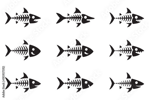 Shark skeleton icons set isolated on white background. Vector illustration of predatory fish bones in flat style.