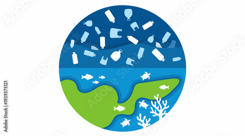 An illustration showing the detrimental impact of marine pollution, highlighting the various plastic items scattered amid vibrant coral and sea life, emphasizing conservation needs.