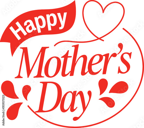 Red Happy Mothers Day greeting card with heart and flowers on transparent background