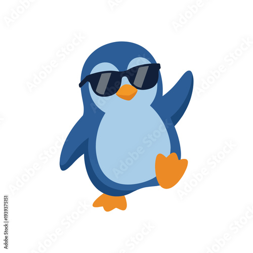 An adorable illustration of a cute penguin wearing sunglasses and striking a playful pose, representing fun, coolness, and liveliness in a whimsical way.