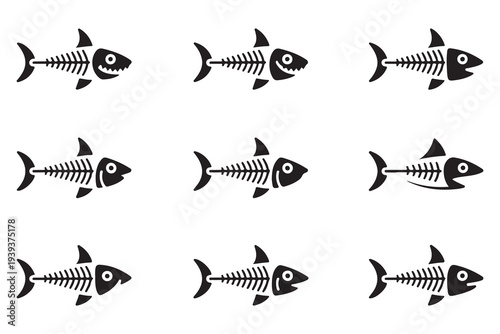 Collection of shark bone icons with various head shapes. Vector illustration of shark skeletons in flat design.
