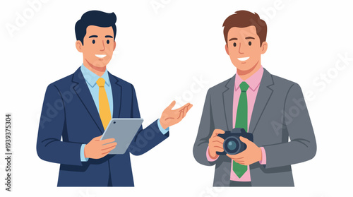 Two professional men engaged in a friendly discussion, one holding a tablet while the other holds a camera, representing teamwork, communication, and collaboration in business.