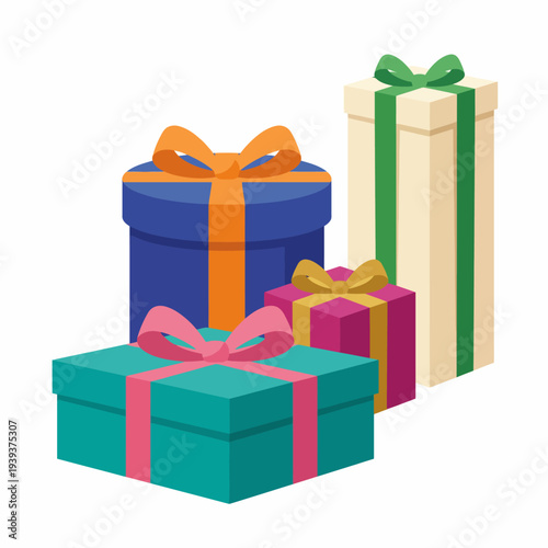 A charming depiction of various wrapped gift boxes in vibrant colors and bows, ready for any occasion, evoking feelings of joy, celebration, and generosity in gifting.