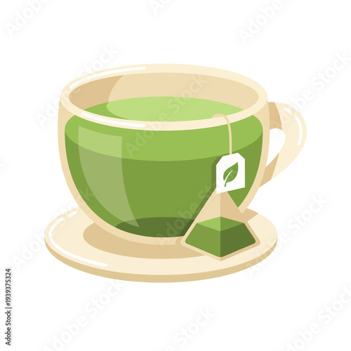 This clean and modern illustration showcases a green tea cup with a tea bag, emphasizing healthy living, relaxation, and the enjoyment of a flavorful beverage experience.