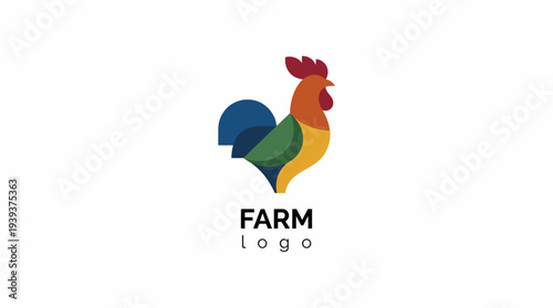 This vibrant logo features a rooster using bright, geometric shapes, symbolizing farm life, agriculture, and freshness, perfect for a brand focused on natural products.