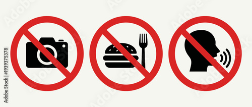 This illustration features three distinct prohibition symbols, clearly conveying forbidden actions such as photography, eating, and talking, in an engaging and simple style.