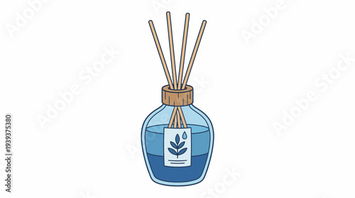 An artistic illustration of an aromatic reed diffuser, showcasing a glass bottle with natural reeds, perfect for enhancing interior fragrance and creating a calming atmosphere at home.