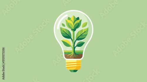 This unique illustration depicts a light bulb filled with greenery, symbolizing the harmony between nature and technology, highlighting eco-friendliness and sustainability concepts.