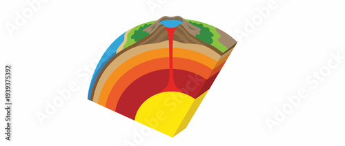 This vibrant illustration presents a cutaway view of a volcano, visually depicting the various geological layers and the molten lava flow, evoking nature's power and beauty.