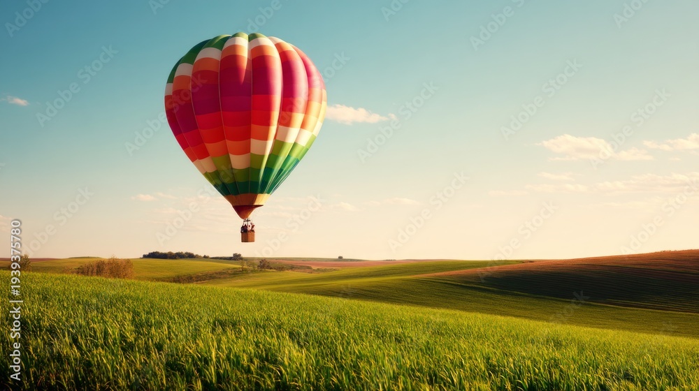 Obraz premium Colorful Hot Air Balloon Floating Over Green Summer Field Under Blue Sky
