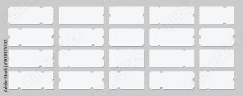 Set of white blank tickets mockup. Empty flat template Tickets. For cinema, sale coupon, circus, theater, festival. Minimalist coupons set. Isolated background