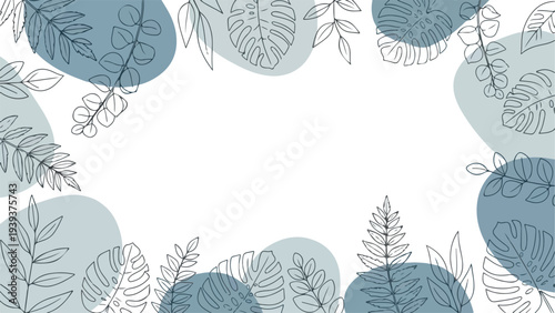 Illustration of blue circles and various leaves on a white background with a mix of line drawings and solid colors.