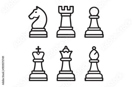 Simple black and white line drawing of chess pieces arranged neatly