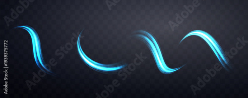 Glowing light blue lines set. Neon realistic energy speed. Abstract light effect on a dark transparent background. Vector illustration.