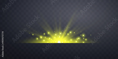 Yellow horizontal lensflare. Light flash with rays or green spotlight. Glow flare light effect. Vector illustration. Isolated on dark transparent background.