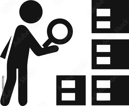 Person inspecting stacked items with a magnifying glass for inventory management