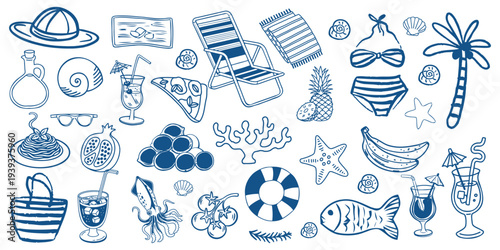 Hand Drawn Summer Beach Vacation Doodle Set with Tropical Travel Elements Sea Objects Holiday Tourism Collection.
