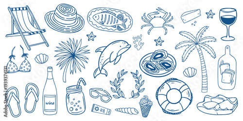 Hand Drawn Summer Beach Vacation Doodle Set with Tropical Travel Elements Sea Objects Holiday Tourism Collection.