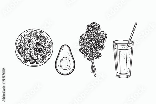 Organic Healthy Food and Salad Ingredients Line Art Collection