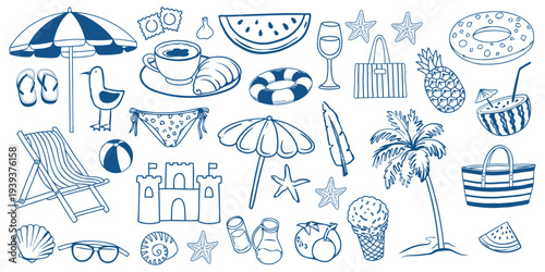 Hand Drawn Summer Beach Vacation Doodle Set with Tropical Travel Elements Sea Objects Holiday Tourism Collection.
