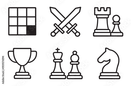 Line art icons depicting chess pieces a trophy and a game board
