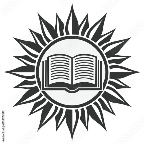 Open book within a stylized sun emblem graphic symbol representing knowledge and enlightenment