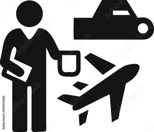 Person with luggage standing near a car and an airplane representing travel and transportation planning