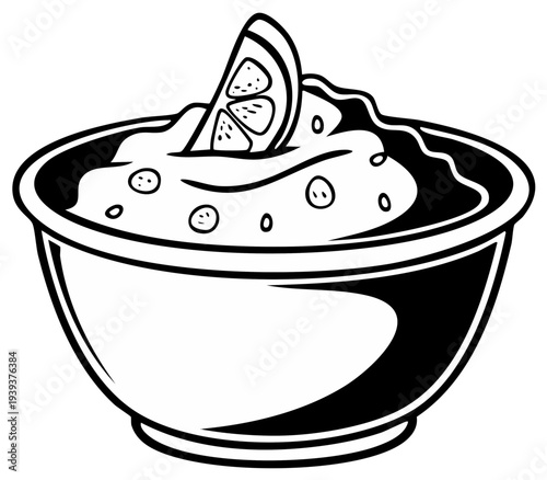 Black and white illustration of a bowl of guacamole with a lemon wedge garnish