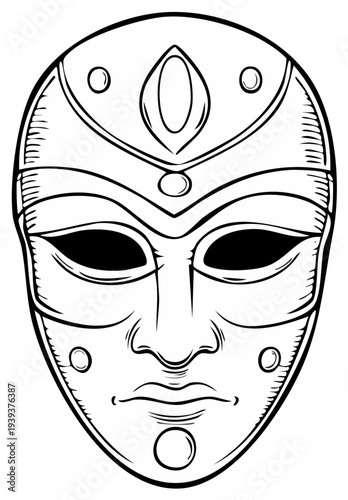 Intricate Line Art Illustration of a Stylized Theatrical Mask