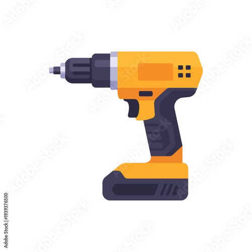 Power drill with battery base and drill bit, colorful vector flat style illustration