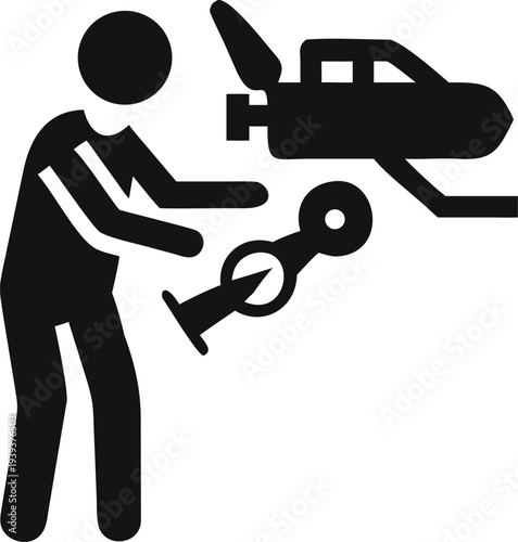 Person working with a wrench symbol on a space shuttle representing aerospace repair and innovation