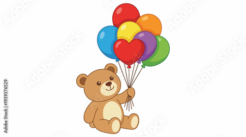 An adorable cartoon bear joyfully holding a bunch of colorful balloons, symbolizing childhood innocence and happiness, perfect for children's designs and celebrations.