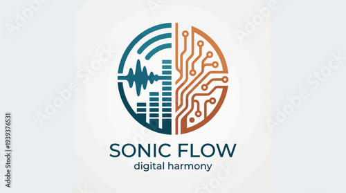 A sleek logo design showcasing the fusion of sound and technology, featuring sound waves and circuit patterns that embody digital harmony and innovation in music.