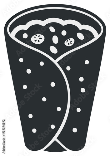 Stylized illustration of a delicious wrap or burrito, showing the food inside the tortilla.