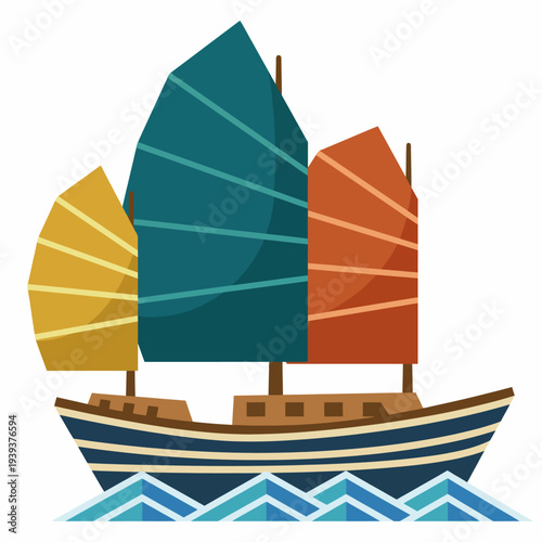 This vibrant illustration features a colorful sailboat with large sails sailing on ocean waves, capturing the essence of adventure and exploration on the sea.
