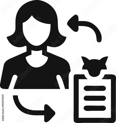 Pet Owner Management Icon with Cat Checklist and Data Flow Arrows