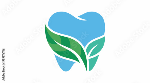 A stylized tooth integrates green leaves, embodying the connection between dental health and environmental sustainability in a modern and visually appealing way.