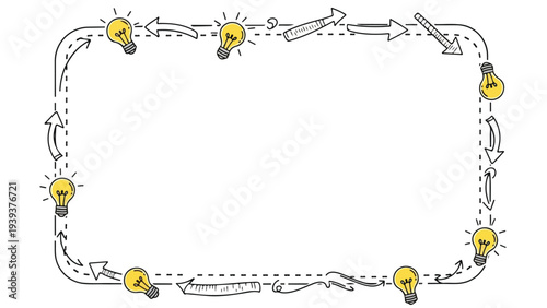 Illustration of a rectangular border with lightbulbs and arrows on a white background, featuring a creative concept design.