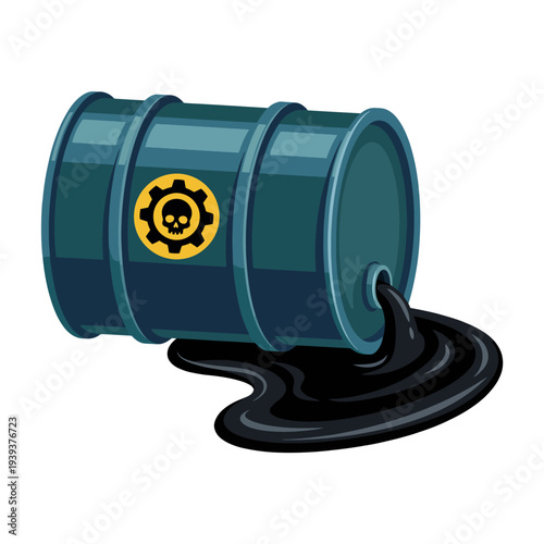 An ominous image showing a barrel leaking toxic oil, highlighting the dangers of pollution and environmental harm caused by hazardous materials in industries.