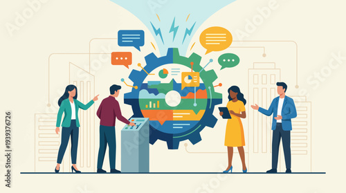 A dynamic scene illustrating professionals interacting around a large gear, representing collaboration, communication, and teamwork in the modern business landscape.