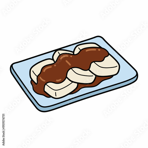 This delectable image features a plate of dessert with banana slices drizzled in a rich sauce, highlighting the indulgence and appeal of culinary delights for food lovers.