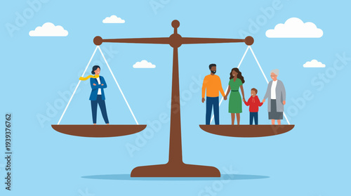 This illustration shows a balance scale illustrating justice and equality, featuring diverse family units symbolizing community, equity, and inclusion in society.