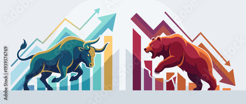 This dynamic artwork contrasts the strength of bulls and bears in a stock market environment, symbolizing financial fluctuations and economic movements in trading.