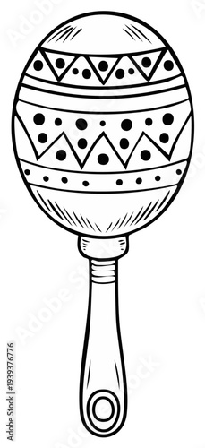 Black and white line drawing of a decorative maraca with geometric patterns and dots
