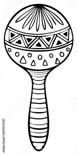 Outline drawing of a decorative maraca with patterned details and a striped handle