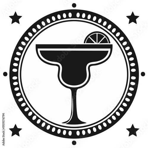 Stylized Margarita Cocktail in a Decorative Emblem Circle with Stars