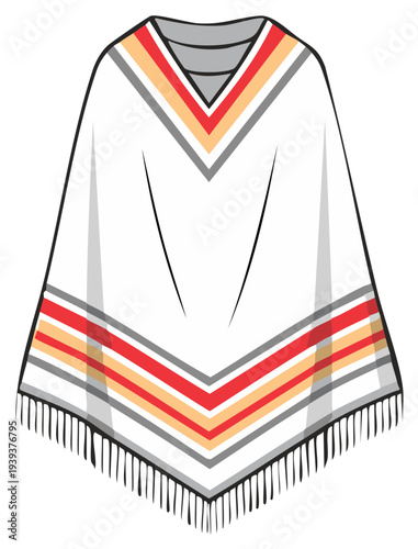 Traditional South American poncho with colorful stripes and fringe vector illustration
